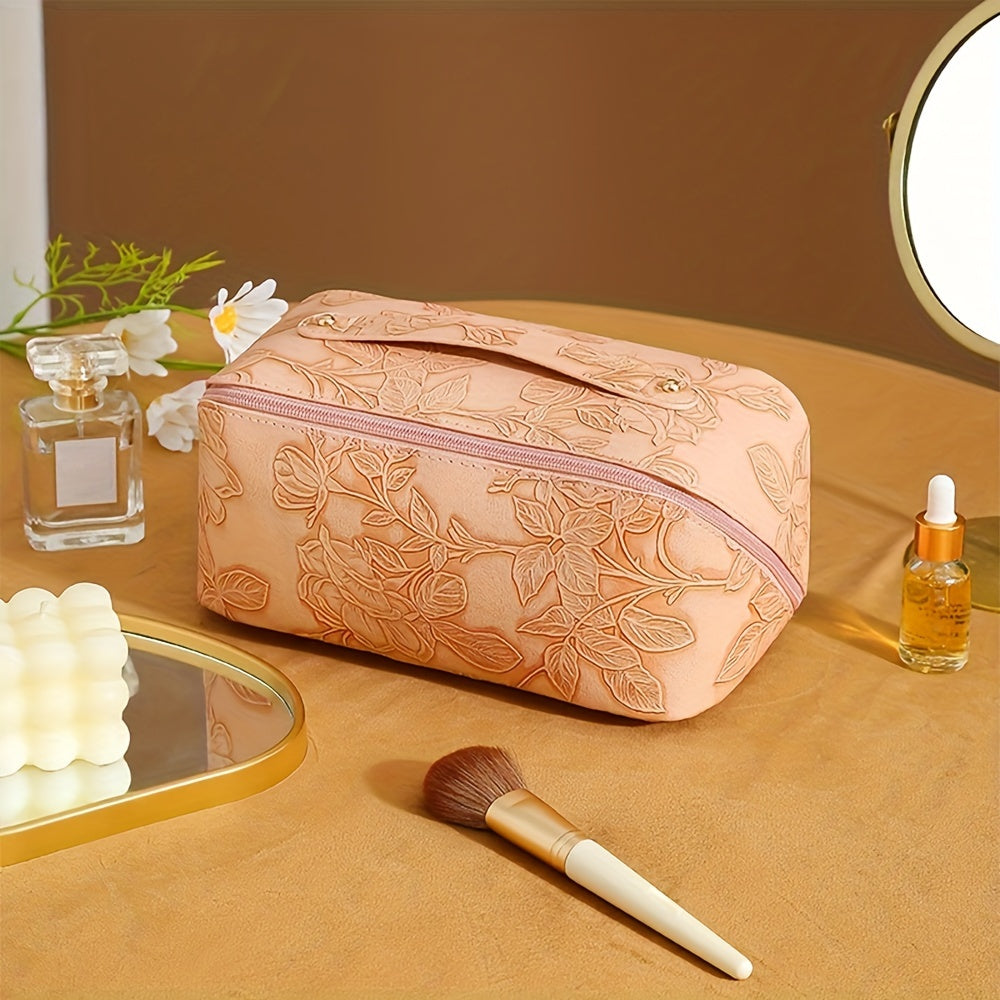 Aliya | Floral Embossed Large Capacity Cosmetic Bag