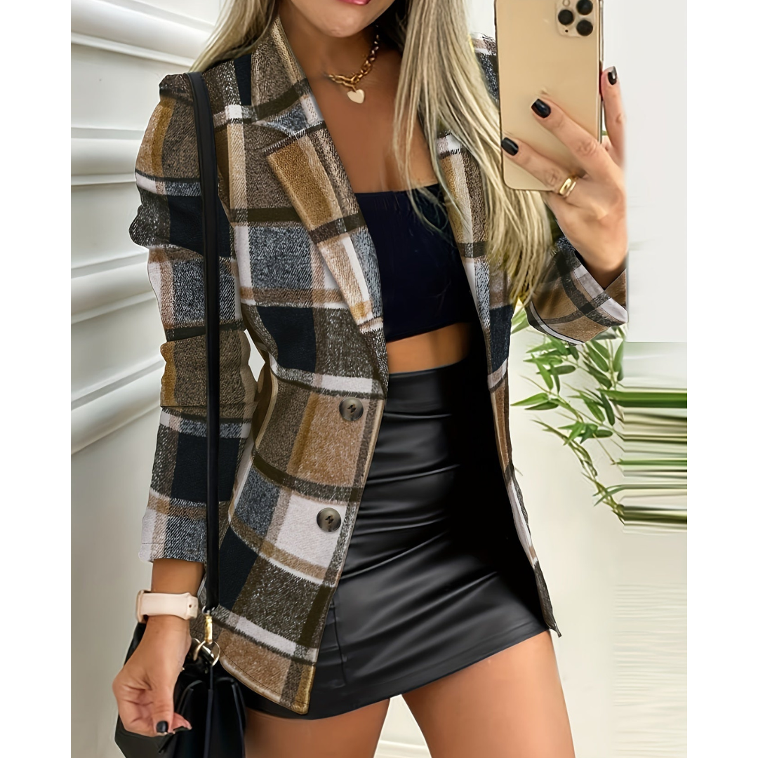 Kisarim | Women's Long Warm Buttoned Down Blazer | Checked