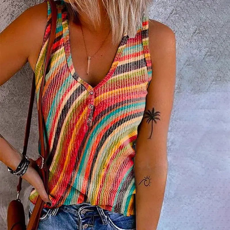 Adele's Vibrant Rainbow Striped Sleeveless Blouse - Lizabella Fashion -  -  - Adele's Vibrant Rainbow Striped Sleeveless Blouse - Lizabella Fashion - #tag1# - #tag2#