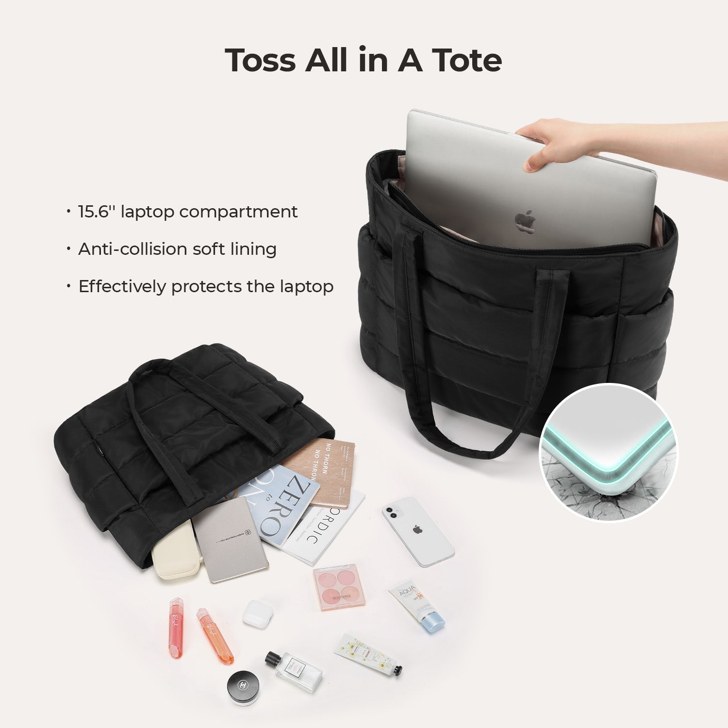 Stylish Bagsmart 20L Puffy Tote with Dedicated 15.6" Laptop Storage
