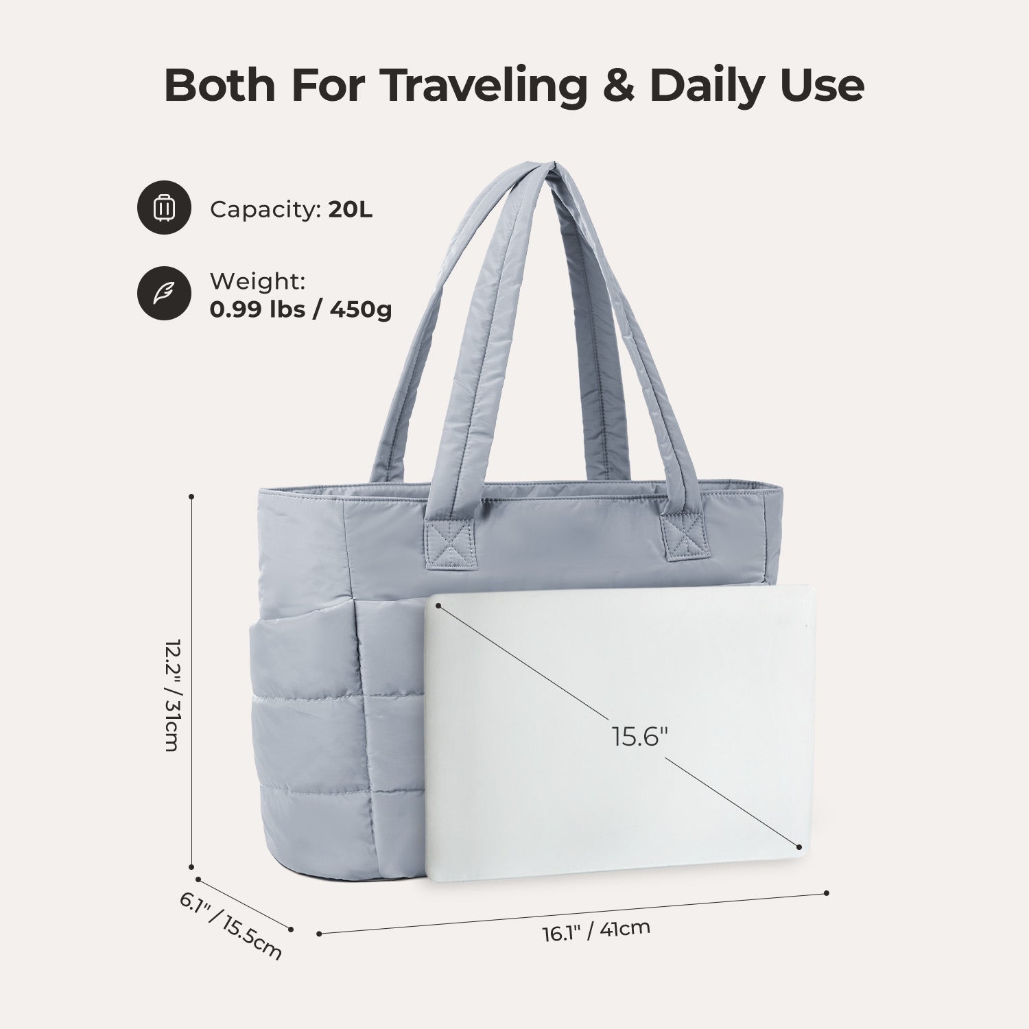Stylish Bagsmart 20L Puffy Tote with Dedicated 15.6" Laptop Storage