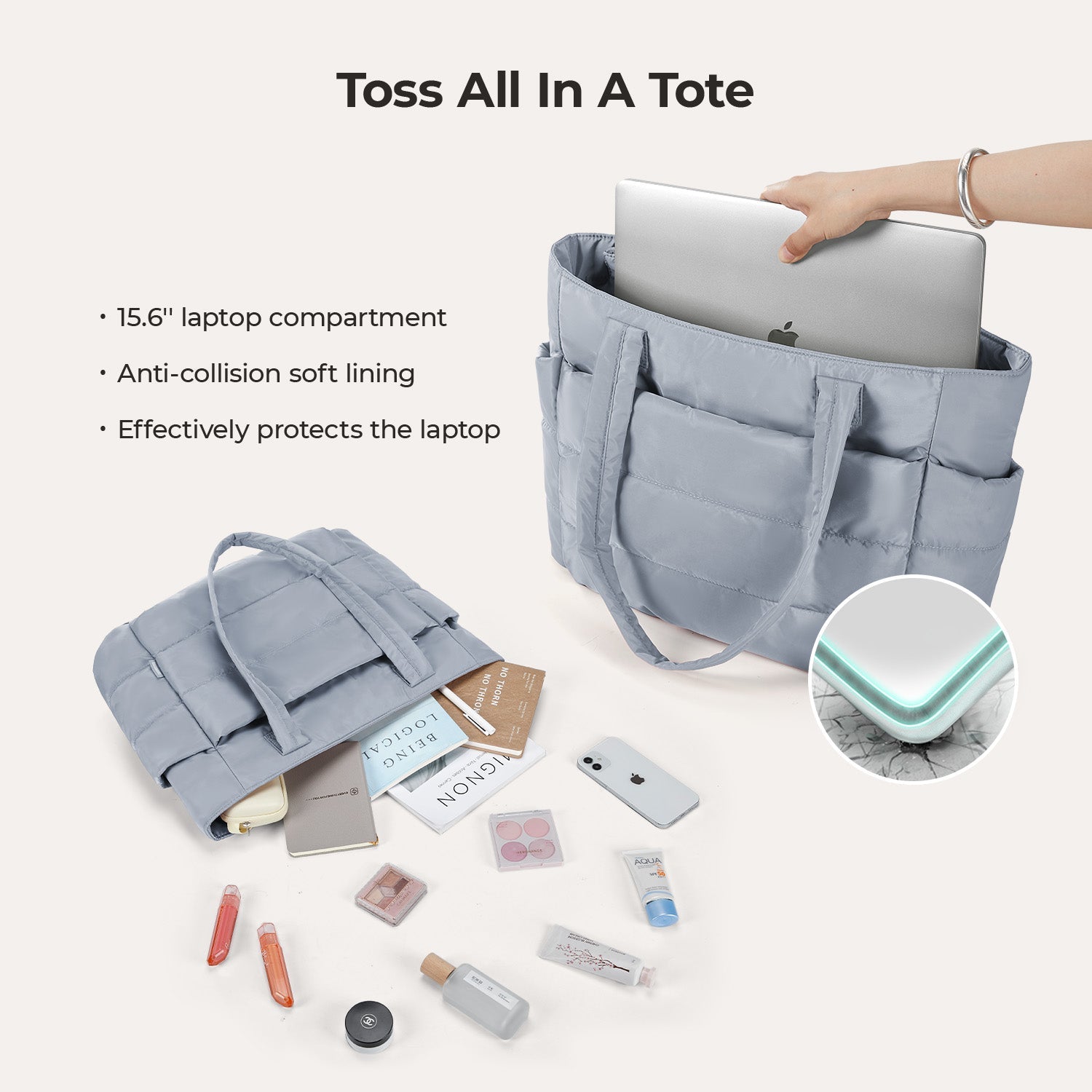 Stylish Bagsmart 20L Puffy Tote with Dedicated 15.6" Laptop Storage