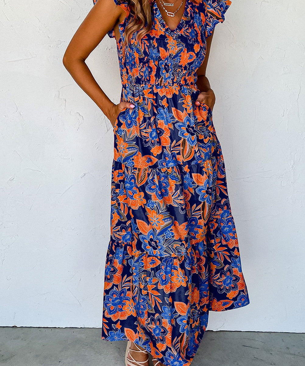 Chic Boho Floral Ruffle Dress with V-Neckline - Lizabella Fashion -  -  - Chic Boho Floral Ruffle Dress with V-Neckline - Lizabella Fashion - #tag1# - #tag2#