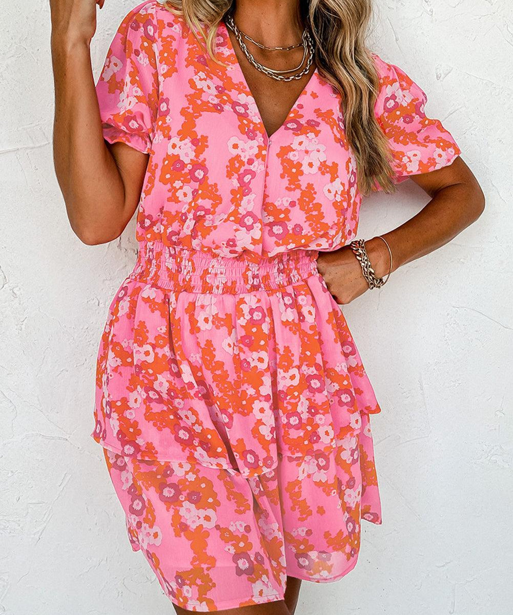 Chic Pink V-Neck Dress with Playful Short Ruffles - Lizabella Fashion -  -  - Chic Pink V-Neck Dress with Playful Short Ruffles - Lizabella Fashion - #tag1# - #tag2#