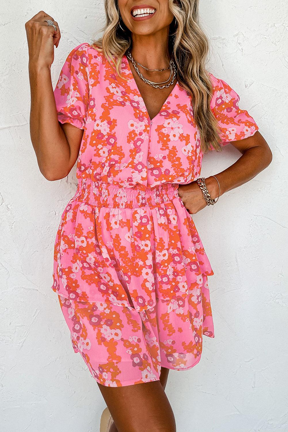 Chic Pink V-Neck Dress with Playful Short Ruffles - Lizabella Fashion -  -  - Chic Pink V-Neck Dress with Playful Short Ruffles - Lizabella Fashion - #tag1# - #tag2#
