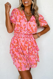 Chic Pink V-Neck Dress with Playful Short Ruffles - Lizabella Fashion -  -  - Chic Pink V-Neck Dress with Playful Short Ruffles - Lizabella Fashion - #tag1# - #tag2#
