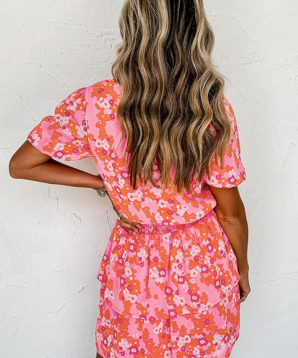 Chic Pink V-Neck Dress with Playful Short Ruffles - Lizabella Fashion -  -  - Chic Pink V-Neck Dress with Playful Short Ruffles - Lizabella Fashion - #tag1# - #tag2#