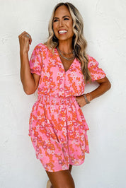 Chic Pink V-Neck Dress with Playful Short Ruffles - Lizabella Fashion -  -  - Chic Pink V-Neck Dress with Playful Short Ruffles - Lizabella Fashion - #tag1# - #tag2#