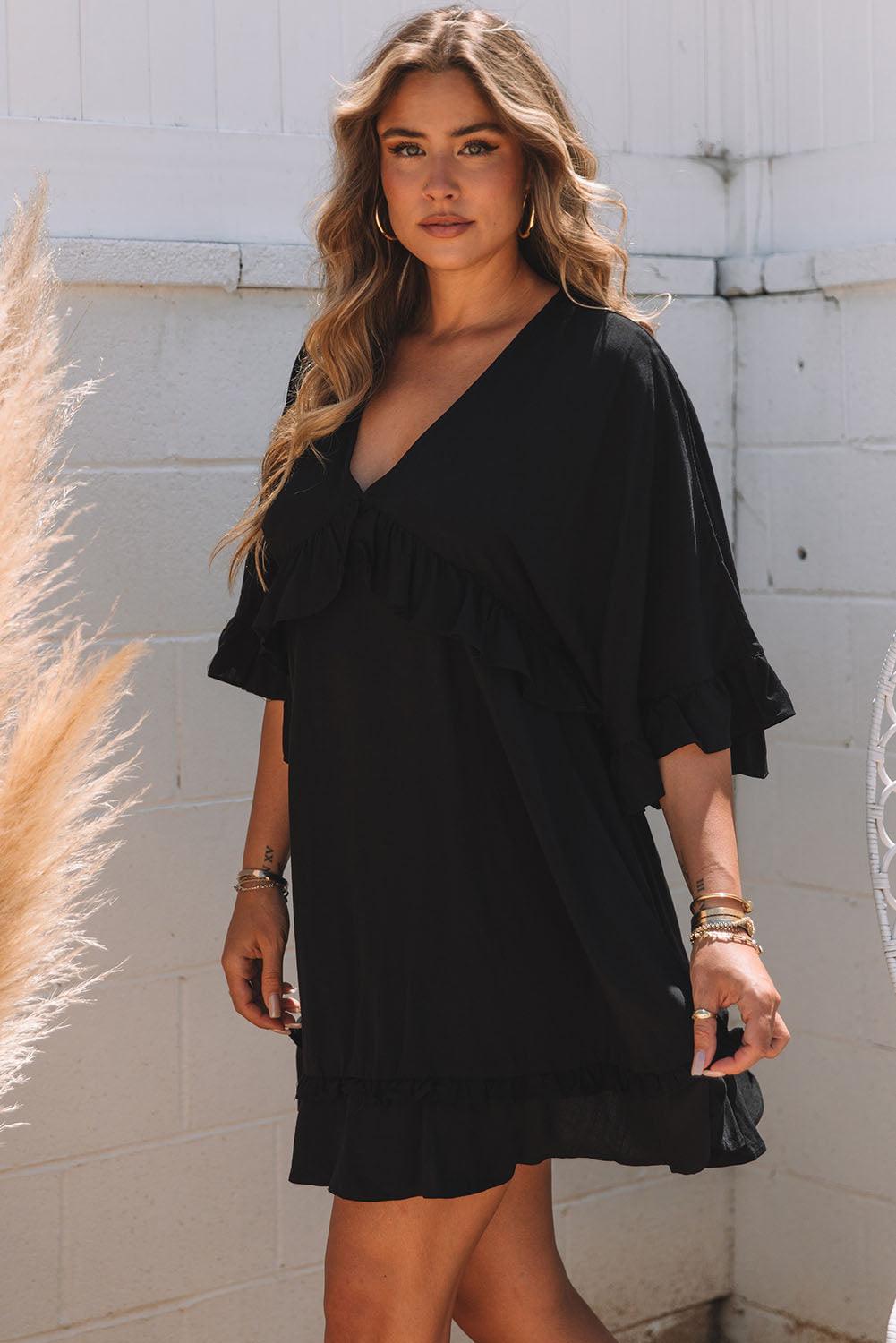 Elegant Black V-Neck Babydoll Mini Dress - Lizabella Fashion -  -  - Elegant Black V-Neck Babydoll Mini Dress - Lizabella Fashion - #tag1# - #tag2#