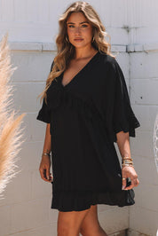 Elegant Black V-Neck Babydoll Mini Dress - Lizabella Fashion -  -  - Elegant Black V-Neck Babydoll Mini Dress - Lizabella Fashion - #tag1# - #tag2#