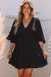 Elegant Black V-Neck Babydoll Mini Dress - Lizabella Fashion -  -  - Elegant Black V-Neck Babydoll Mini Dress - Lizabella Fashion - #tag1# - #tag2#