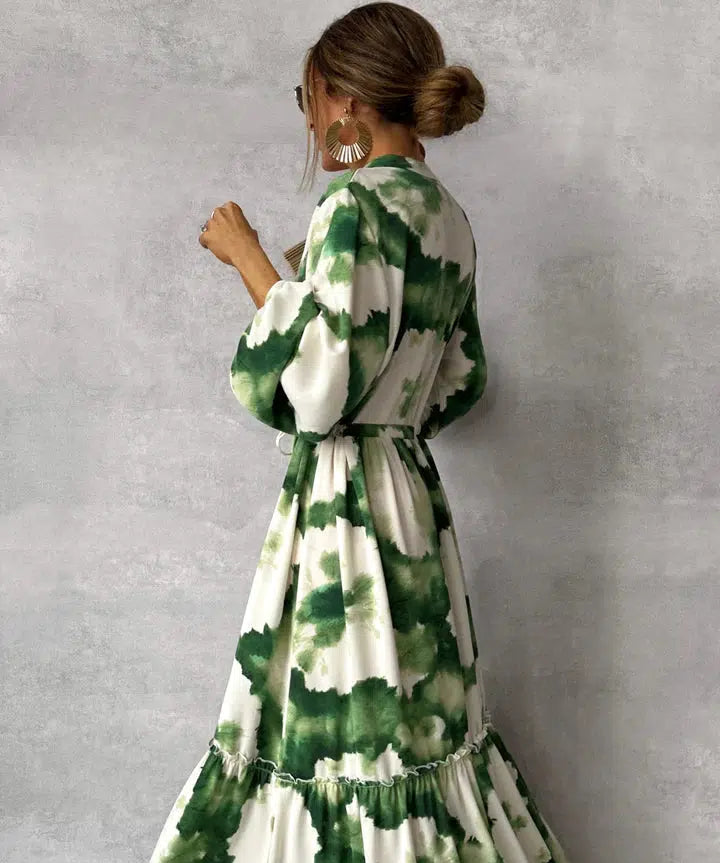 Elna | Green Maxi Dress – Long Sleeves & V-Neck for Effortless Sophistication