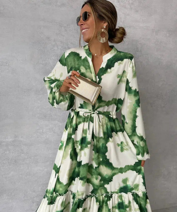 Elna | Green Maxi Dress – Long Sleeves & V-Neck for Effortless Sophistication