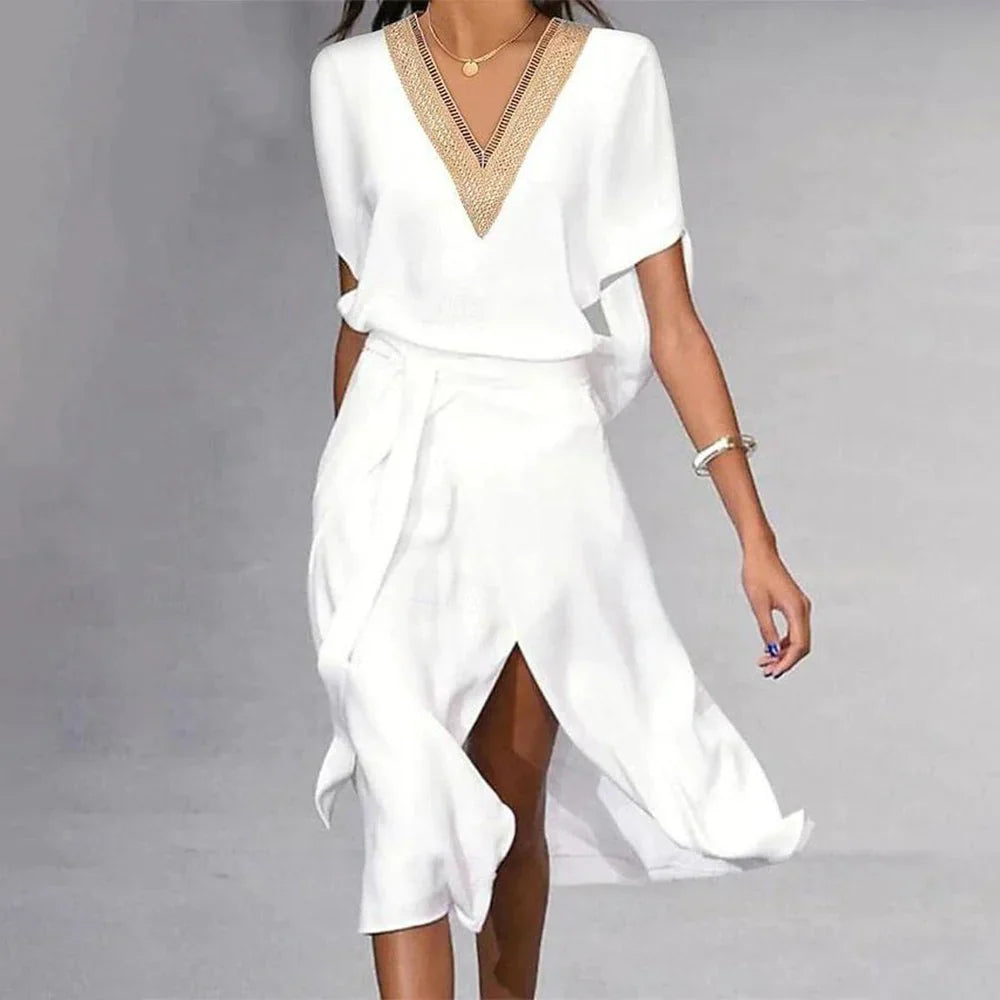 Diana | Modern White Midi Dress with Elegant V-Neck