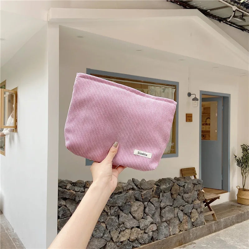 Spacious Corduroy Travel Makeup Bag with Secure Zipper Closure