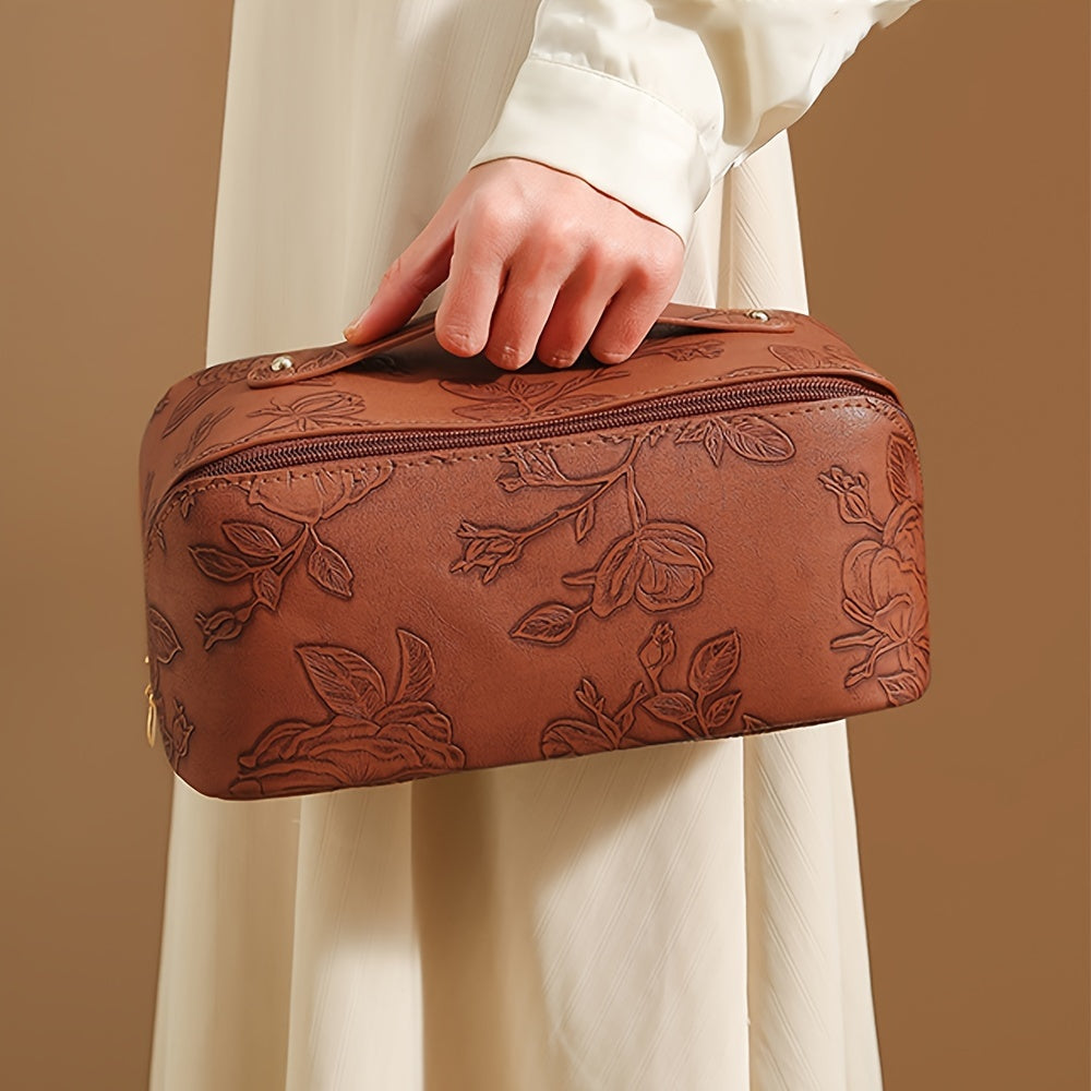 Aliya | Floral Embossed Large Capacity Cosmetic Bag