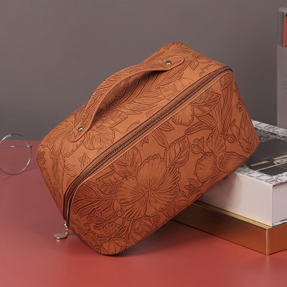 Aliya | Floral Embossed Large Capacity Cosmetic Bag