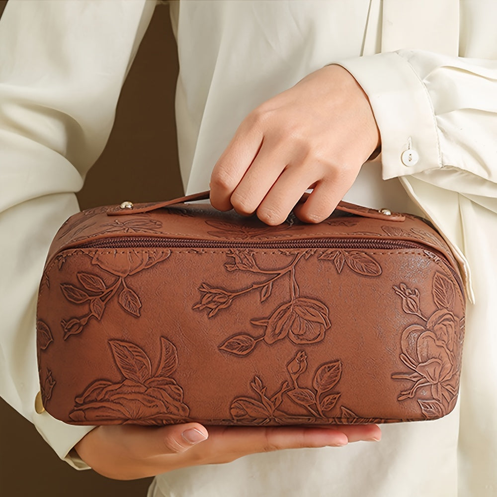 Aliya | Floral Embossed Large Capacity Cosmetic Bag