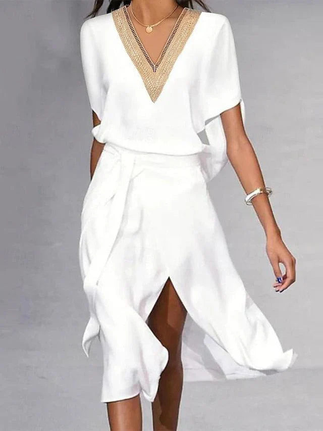 Diana | Modern White Midi Dress with Elegant V-Neck